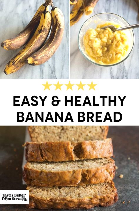 Craving a sweet treat that's both wholesome and satisfying? Dive into this Easy, Healthy Banana Bread recipe! With minimal sugar and no oil, each slice is just over 100 calories, yet the taste is beyond compare. This straightforward banana bread recipe creates a loaf that's incredibly moist, perfectly sweet, and absolutely delicious—making it a guilt-free pleasure. Whether you're enjoying it for breakfast, as a snack, or for dessert, this healthy banana bread is sure to impress! Be sure to save this pin for a quick and easy option! Banana Bread Made With Cottage Cheese, Organic Banana Bread, Quick Healthy Banana Bread, Easy And Healthy Banana Bread, Easy Low Calorie Banana Bread, Banana Bread Simple Recipe, Bananas Breakfast Recipes, How To Make Healthy Banana Bread, Healthy Simple Banana Bread