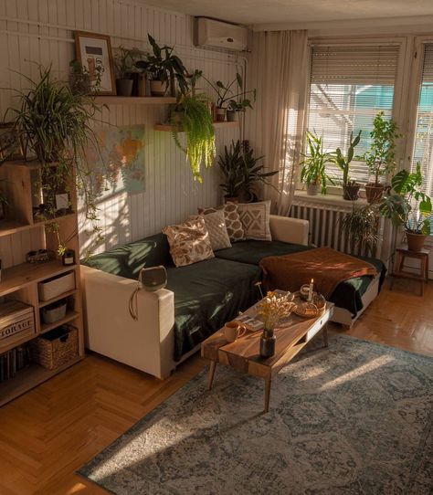 Earth Apartment Aesthetic, Earthy Studio Apartment Ideas, Plant Interior Design Living Room, Nature Apartment Aesthetic, Apartment Plants Aesthetic, Earthy Minimalist Living Room, Earthy Apartment Aesthetic, Plant Apartment Aesthetic, Hippie Apartment Decor