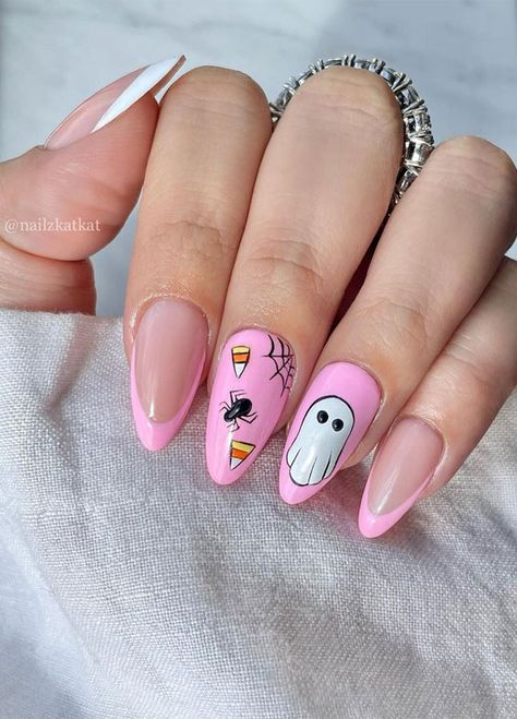 spooky nails, cute halloween nails, halloween nail colors, ghost nails, halloween nail art, halloween nail designs 2022, halloween french tip nails, halloween nails coffin, halloween nail ideas 2022 Cute Ghost Nails Pink, Cute Pink Spooky Nails, Pink Halloween Nails With Ghosts, Coffee Nail Art, Halloween Nails Scream Pink, Pastel Halloween Nails, Cutesy Halloween Nails, Ghost Ring, Ghost With Coffee