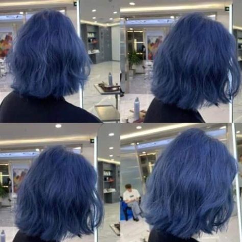 Navy Blue Hair Short, Half Light Blue Half Dark Blue Hair, Blue Shoulder Length Hair, Cobalt Blue Hair Color, Dark Periwinkle Hair, Blue Hair No Bleach, Dark Blue And Light Blue Hair, Korean Blue Hair, Navy Blue Hair Aesthetic