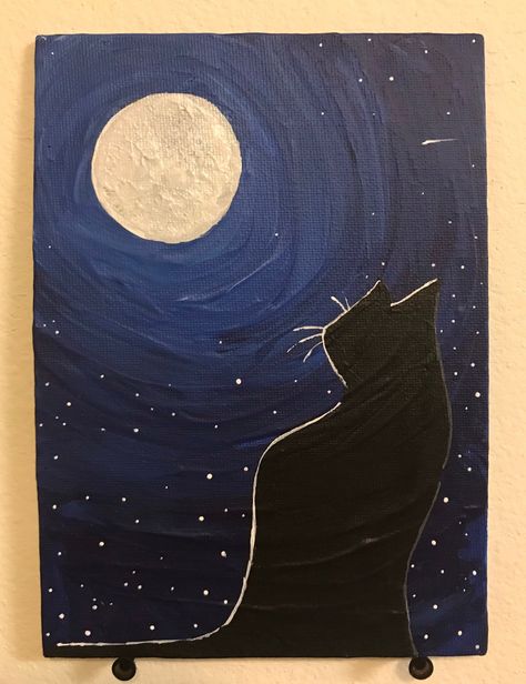 Cat silhouette, looking at the moon. Hand painted on 5x7 canvas.  Each painting is made to order and will vary slightly. Swirling of the paint(the night sky)  will vary with each painting. Sprayed with a glossy sealant. (The glossy sealant makes the blue and white pop more in the swirling, like in the video, versus in the picture where there is no sealant on it yet) Neon Art Painting, Paint The Night, Looking At The Moon, Witch Painting, Black Cat Painting, Night Sky Painting, Easy Canvas Art, Canvas Drawings, Moon Painting