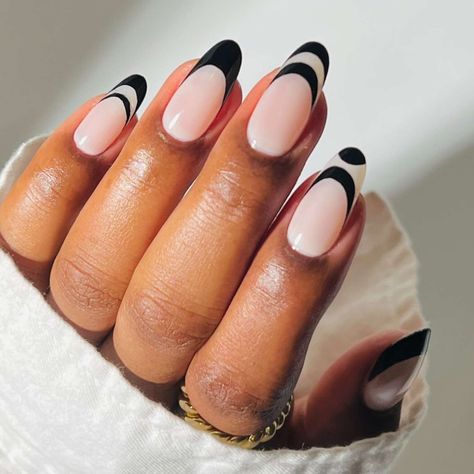 Two Tone French Nails, Abstract French Tip Nails, Double French Manicure, French Nail Ideas, Black French Manicure, Long Almond Nails, Nail Tip Designs, French Manicures, Long Almond