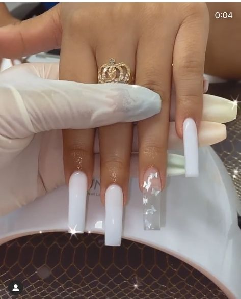 White Nails Inspo Long, Nails Acrylic Long White, Pearl White Acrylic Nails Square, Medium Long White Acrylic Nails, All White Nails With Design, Long Square Acrylic Nails White Ombre, Long Square Acrylic Nails White Glitter, White Acrylic Nails Ideas, Cum White Acrylic Nails Square