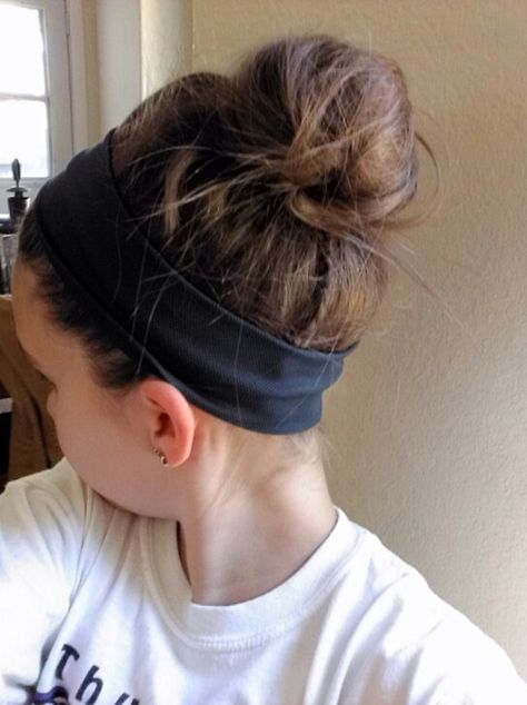 Messy bun with sports headband-perfect for sports Low Bun Headband, Sports Headbands Hairstyles, Headband Bun Hairstyles, Headband With Bun, Messy Bun With Headband, Bun With Headband, Hairstyles For Sports, Messy Bun Headband, Bun Headband