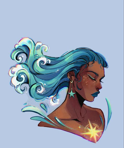 Ocean Hair Drawing, Water Hair Character, Water Superhero Design, Water Character Art, Water Hair Drawing, Water Spirit Character Design, Water Hair Art, Blue Hair Pfp Cartoon, Lost City Aesthetic