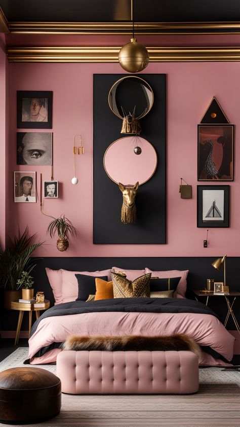 Pretty in Pink: Stylish Bedroom Decor! #PrettyInPink #BedroomInspiration Elegant Pink Living Room, Black And Pink Room Design, Black Walls With Pink Accents, Pink Shades For Bedroom, Brown And Pink Decor Living Room, Pink Bedroom Dark Furniture, Soft Pink Room Decor, Blush Pink And Black Bedroom, Pink And Black Living Room Ideas