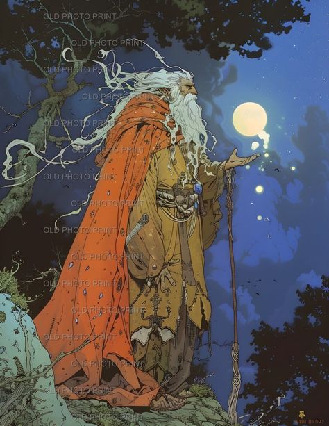 Druid Spellcaster Wizard Magic Fantasy Fanart Magna Anime Giclée Art 8.5x11 Fantasy Lumberjack Art, Retro Fantasy Wizard, Divination Wizard Art, Old Wizard Fantasy Art, Druid Familiar, 90s Fantasy Art, Wizard Robes Art, Dark Wizard Fantasy Art, Old Wizard Character Design