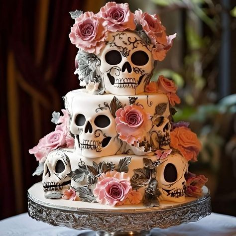 Skull Cake Ideas, Gothic Birthday Cakes, Skull Wedding Cakes, Goth Cakes, Sugar Skull Wedding, Day Of The Dead Wedding, Skull Cake, Art Cake, Skull Wedding