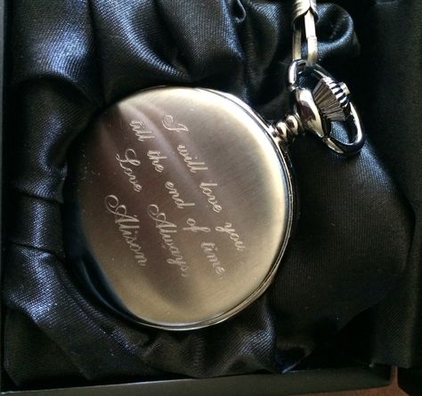 Pocket watch I got made for my husband for are first wedding anniversary Pocket Watch Wedding, Groom Pocket Watch, Watch Engraving Ideas, Blue Wedding Decorations, Mantilla Veil, Rock Wedding, Creative Gifts For Boyfriend, Watch Engraving, First Wedding Anniversary