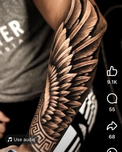 Angel Wing Forearm Tattoo For Men, Valkyrie Wing Tattoo, Native American Tattoo Drawings, Halo Tattoo Ideas, Angel Wing Arm Tattoo, Men Sleeve Tattoos, Angel Wings Tattoo Forearm, Ken Tattoo, Inner Bicep Tattoo Men