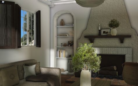 mediterranean realistic aesthetic simple organic plant modern living room Bloxburg Mediterranean, Bloxburg Villa, Living Room Bloxburg, Room Bloxburg, Bloxburg Mansion, Ibiza House, Bloxburg City, Bloxburg Interior, Bloxburg Town