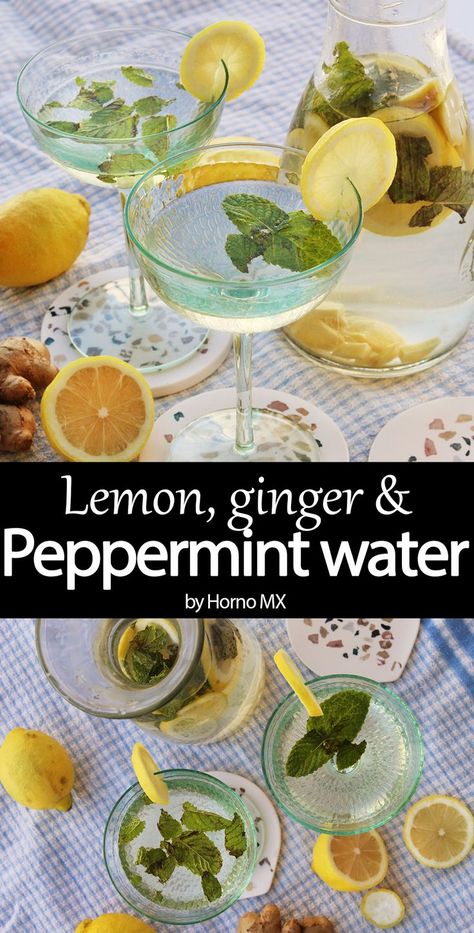 A fresh water that is easy to make and have at home that is full of flavor. A definite must try. Peppermint Water, Lemon Ginger, Mint Candy, Awesome Recipes, Lemon Slice, Water Recipes, Mint Leaves, Fresh Ginger, Drink Recipes