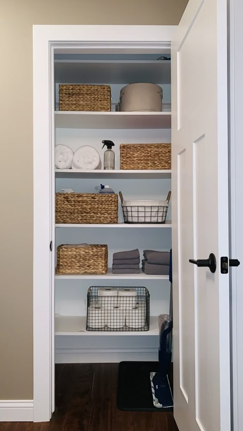 Baskets Linen Closet, Closet Organization Open Shelves, Minimal Linen Closet, Minimalism Closet Organization, Bathroom Storage No Closet, Baskets For Closet Storage, Bathroom Open Closet Ideas, Open Linen Closet Ideas, Linen Closet Decor