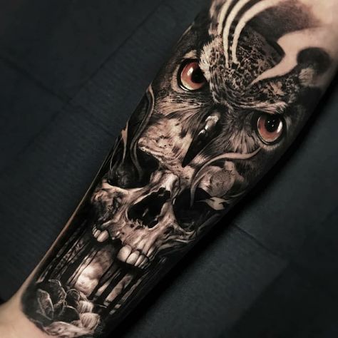 Bobby Tattoo, Owl And Skull Tattoo, Owl Skull Tattoos, Harley Tattoo, Owl Tattoo Sleeve, Owl Tattoo Drawings, Owl Skull, Realistisches Tattoo, Anker Tattoo