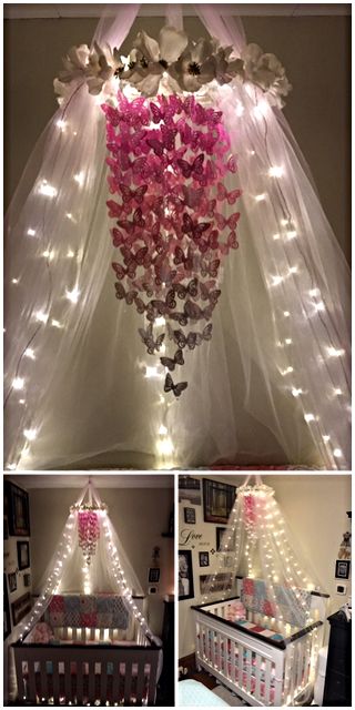 My butterfly mobile with the crib canopy and lights. Turned out exactly how I wanted it to. All diy Butterfly Room, Diy Nursery Decor, Butterfly Nursery, Butterfly Mobile, Girl Nursery Room, Diy Nursery, Nursery Baby Room, Baby Diy