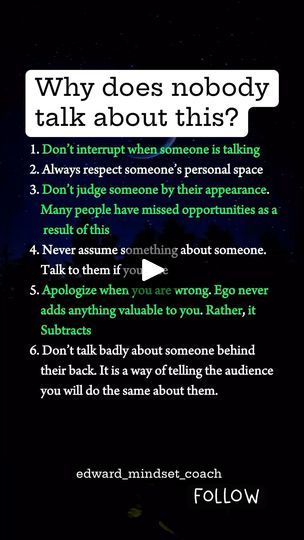 1.4K views · 189 reactions | ⬇️⬇️READ THIS⬇️⬇️

Here are 14 unspoken rules of social etiquette that everyone should know⬇️

1. **Respect Personal Space**: Be mindful of others’ personal space and avoid standing too close.
 
2. **Be Punctual**: Arriving on time shows respect for others’ time.

3. **Listen More Than You Speak**: Active listening is key to good communication.

4. **Don’t Interrupt**: Allow others to finish speaking before you respond.

5. **Use “Please” and “Thank You”**: These simple words go a long way in showing respect and appreciation.

6. **Make Eye Contact**: It shows that you are engaged and interested in the conversation.

7. **Avoid Controversial Topics**: Unless you know the group well, steer clear of potentially divisive subjects like politics and religion.

8. ** Respect For Others, Social Etiquette, Unspoken Rules, Showing Respect, Controversial Topics, Respect Others, Active Listening, Please And Thank You, Be Mindful