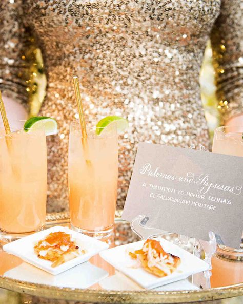 A Christmas-Themed Wedding in Washington, D.C. | Martha Stewart Weddings - Two Salvadoran specialties—pupusas (cheese-filled corn cakes) and palomas (tequila-based cocktails)—were passed during cocktail hour, adding to the celebratory mood. Salvadoran Wedding, Tequila Based Cocktails, Wedding Theme Ideas, Corn Cakes, Old Town Alexandria, Specialty Cocktail, Monogrammed Napkins, Martha Stewart Weddings, Chapel Wedding