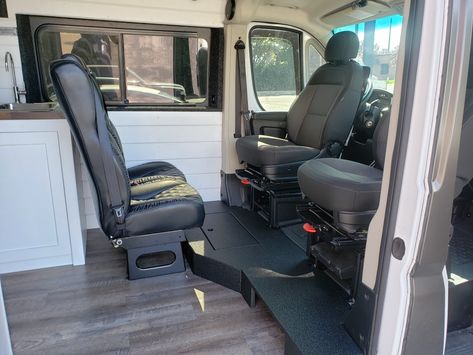 If you have a Promaster,  you know once you swivel the seats around your feet dangle like a toddler in a high chair. This platform provides a great transition and storage. Ford Transit Camper Conversion Family, Tailgate Bus, Ford Transit Camper Conversion With Bathroom, Promaster Van Conversion 159 Layout, Vanlife Diy, Double Swivel Seat Van, Ford Transit Passenger Van Conversion, Ford Transit Camper Conversion, Family Van