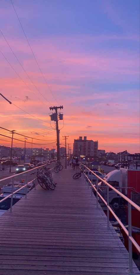 Aesthetic sunset boardwalk image Outskirts Of Town Aesthetic, Wildwood Aesthetic, Town Sunset Aesthetic, Beach Boardwalk Aesthetic, Miranda Aesthetic, Boardwalk Aesthetic, Boardwalk Sunset, Beach Town Aesthetic, Summer Boardwalk