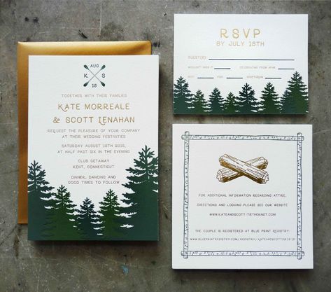 Unique Camp-Themed wedding invitation - Dependable Letterpress Camping Wedding Invitations, Letterpress Wedding Stationery, Outdoorsy Wedding, Woodland Wedding Invitations, 40th Anniversary Party, Summer Camp Wedding, Gold Foil Wedding Invitations, Gold Foil Wedding, Themed Wedding Invitations