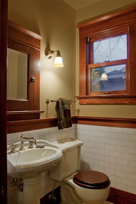 . Craftsman Powder Room, Bungalow Bathrooms, Craftsman Style Bathroom, Craftsman Style Bathrooms, Craftsman Style Interiors, 1920s Bathroom, Tile Bathrooms, Craftsman Interiors, Bungalow Bathroom