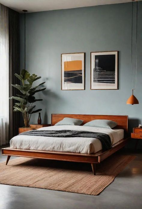 Cherry Wood Bedroom, Coastal Boho Decor, Mid Century Modern Bedroom Design, Boho Decor Ideas, Mid Century Modern Bed, Mid Century Modern Interior Design, Mid Century Bedroom, Mid Century Interior, Retro Bedrooms