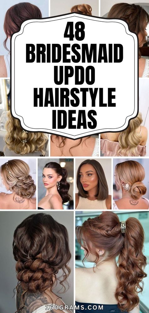 Save this pin for 48 elegant updo inspirations perfect for bridesmaids! Elevate your wedding style with these stunning hairstyles. #BridesmaidHair #WeddingUpdos #FashionBlog Hair Up Styles For Bridesmaids, Bridesmaid Hairstyles To Side, Bridesmaid Hairstyles Pulled Back, Bridesmaid Hair For Windy Day, Reception Bridesmaid Hairstyle, Formal Pigtail Hairstyles, Bridesmaid Hairstyles Medium Length Braid, Bridesmaid Hairstyles Thick Hair Updo, Hair Ideas For Maid Of Honor