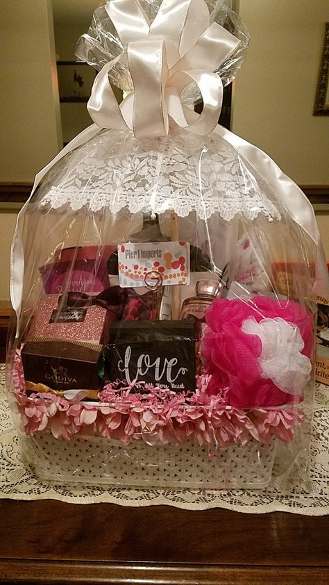 Bridal Shower - lingerie, robe, slippers, gift cards, bottle if wine, and bath stuff. Funny Bridal Shower Gifts, Bridal Shower Gifts For Bride, Bath Stuff, Shower Diy, Bridal Shower Diy, Bridal Shower Gifts, Shower Gifts, Bride Gifts, Gift Cards