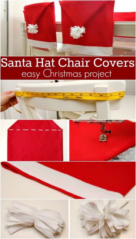 Make these adorable Santa Hat Chair Covers for your Christmas Table or give as a gift! Pin this to your Christmas Board! Diy Santa Hat, Diy Chair Covers, Christmas Chair Covers, Christmas Chair, Diy Santa, Christmas Sewing Projects, Christmas Board, Homemade Holiday, Navidad Christmas