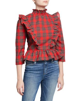 Tartan Blouse, English Factory, International Style, Velvet Blouses, Ruffled Top, Plaid Blouse, Peplum Blouse, Mock Neckline, Last Call