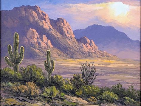 "A stunning painting of the Sonoran Desert titled \"Desert Vista\" by Arizona landscape artist Suzanne Nyberg. This is a nicely framed oil painting on canvas. It is the perfect size to display with overall dimensions of 17\" tall by 19\" wide. The canvas measures 8\" x 10\". About Susanne Nyberg Susanne's inspiration comes from the Arizona mountains where she lives. As the daughter of a professional artist, Susanne has been making art all her life. She is best known for her realistic oil, and palette knife 'Plein Air' landscape paintings, depicting dramatic desert light on the mountains at sunrise and sunset. Susanne received her formal training in Boston, at the Art Institute and The School of the Museum of Fine Arts. Then she studied at the Corcoran College of Art and Design in Washingto Arizona Desert Painting, Desert Mountain Painting, Southwest Art Paintings Desert Landscape, Desert Sky Painting, Desert Landscape Oil Painting, Desert Landscape Painting, Desert Scenes, Arizona Mountains, Painted Pictures