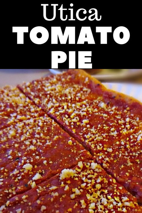 Utica Tomato Pie Recipe, Chicken Riggies Recipe, Mozzarella Sauce, Tomato Pie Recipe, Classic Pizza, Romano Cheese, Tomato Pie, Ground Sausage, Pizza Recipes Homemade