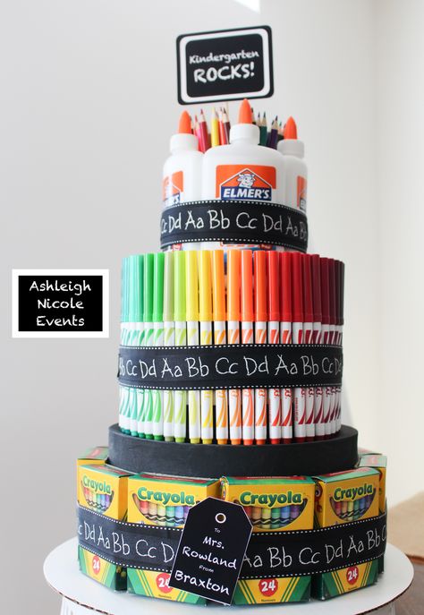 DIY School Supply Cake! School Supply Cake For Teacher, Teacher Supply Cake, School Supply Cake, Craft Gift Basket, School Supplies Cake, Teacher Cakes, Best Teacher Gift, Teacher Appreciation Gifts Diy, School Cake