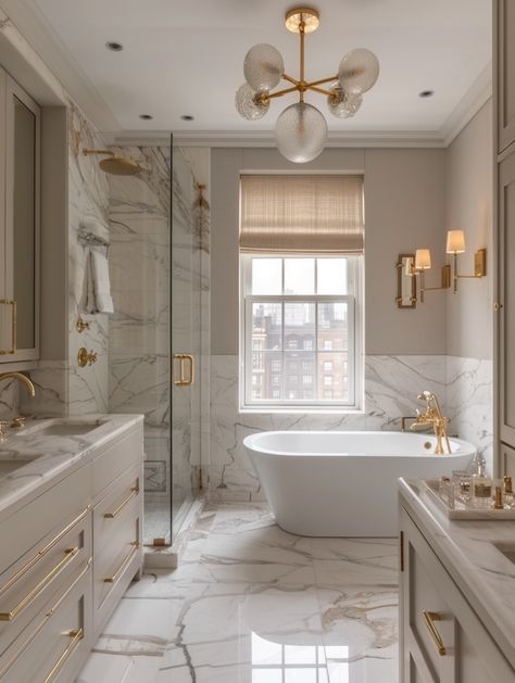 Small Master Restroom Ideas, Elegant White Bathroom Ideas Master Bath, Small Gorgeous Bathroom, Rich House Bathroom, Luxury Traditional Bathroom, Marble Half Wall Bathroom, Dramatic Guest Bathroom, Luxury Toilet Room, High Ceiling Bathroom Ideas