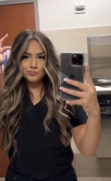 Brunette And Blonde Money Piece, Dark Brown Hair With Brown And Blonde Highlights, Dark Hair With Light Blonde Highlights, Ash Balayage Highlights, Dark Brown Hair With A Money Piece, Black Hair With Dark Blonde Highlights, Blond To Dark Hair, Balayage Long Hair Black, Scattered Blonde Highlights