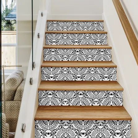 Bungalow Rose Stair Riser Tile Decal | Wayfair Stair Riser Stickers, Stair Riser Tile, Melamine Cabinets, Black Stairs, Stair Riser Decals, Striped Tile, House Addition, Abstract Tile, Stair Riser