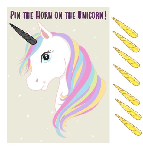 Pin The Horn On The Unicorn, Birthday Games For Kids, Party Game Ideas, Unicorn Games, Rainbow Unicorn Party, Unicorn Themed Birthday Party, Girls Birthday Party Themes, Rainbow Unicorn Birthday, Rainbow Birthday Party