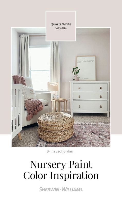 With just a touch of pink, Quartz White SW 6014 is the perfect paint color to pair with soft nursery décor. To see this hue in your home, tap this pin and order free color chips. Thanks for sharing your #SWColorLove, @_hausofjordan_ (on Instagram). #sherwinwilliams #DIY #color #inspiration #colorinspiration #baby #nursery #nurserypaint Joanna Gaines Nursery Paint Color, Calm Nursery Colors, White Paint For Nursery, Nursery White Paint Colors, Subtle Purple Nursery, Gray Paint With Pink Undertones, Behr Nursery Pink, White Nursery Paint Colors, Quartz White Sherwin Williams