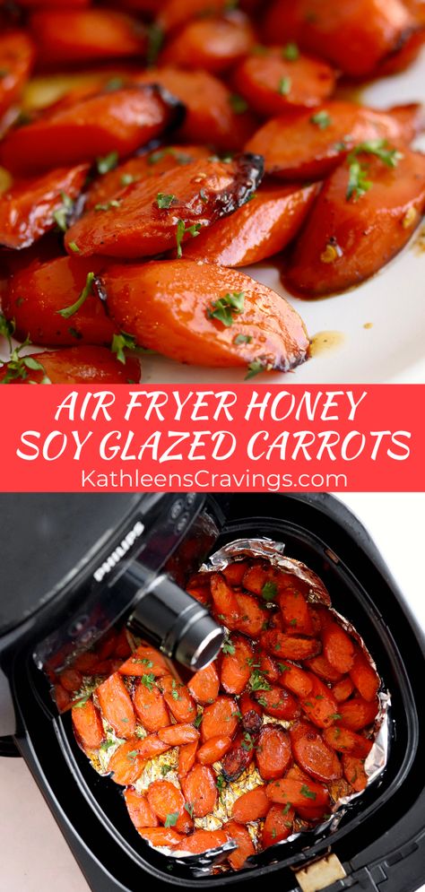 Honey Soy Carrots, Air Fryer Carrots Honey, Air Fryer Glazed Carrots Recipe, Soy Sauce Carrots, Honey Glazed Carrots Air Fryer, Honey Roasted Carrots Air Fryer, Brown Sugar Carrots Air Fryer, Air Fryer Glazed Carrots, Glazed Carrots Air Fryer