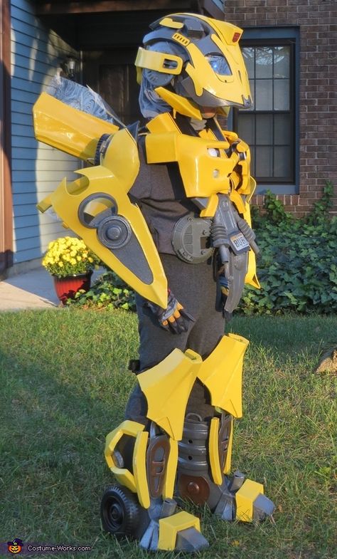 Marina: My son is on the Autistic Spectrum and gets consumed by certain subjects, characters, objects and movies. He watched Transformers probably more then 50 times. He loves Transformers and one... Diy Transformer Costume, Bumble Bee Transformer Costume, Transformer Halloween Costume, Transformers Costume, Bumblebee Party, Transformer Costume, Halloween Costumes For Sale, Bumble Bee Costume, Transformers Birthday