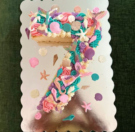 Pastel Number 7 mermaid cake Number 7 Mermaid Cake, Mermaid Number Cake, Diy Chocolates, Mermaid Number, Cake Mermaid, 7th Birthday Cakes, 7 Cake, Special Birthday Cakes, White Mermaid