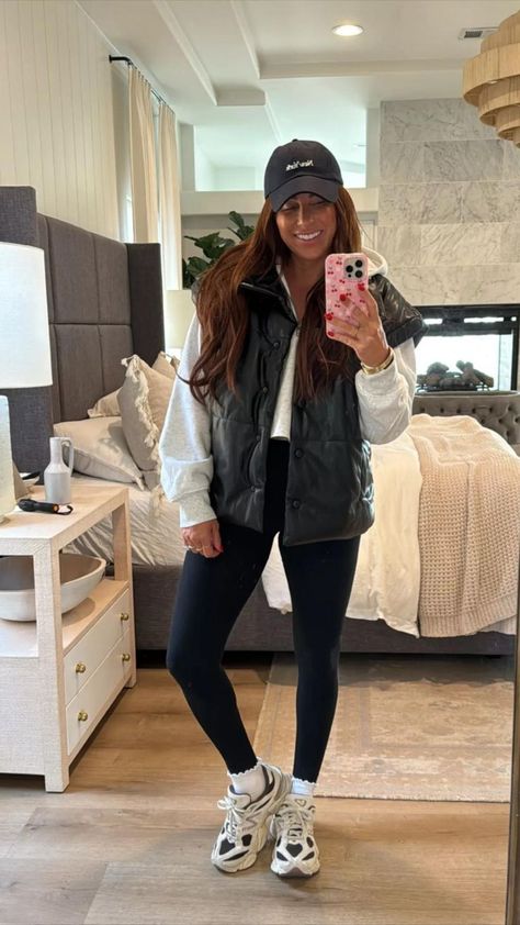 Obsessed with this everyday casual fall outfit!! The perfect casual fall errands outfit or trendy mom fall outfit for everyday that I'll be wearing on repeat!  Nothing better than a black leggings and New Balances outfit for fall!!  Get this cozy fall outfit here & follow for more mom style inspo & casual mom outfits! Outfits With Vest, Casual Mom Outfits, Faux Leather Puffer Vest, Leather Puffer Vest, Mom Outfits Fall, Outfit For Everyday, New Balances, Errands Outfit, Casual Fall Outfit