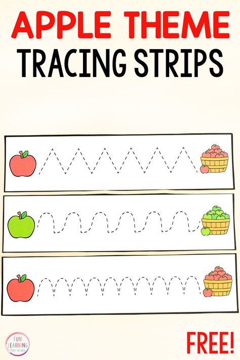 Free Printable Apple Fine Motor Tracing Strips for Pre-Writing Practice Apple Tracing Worksheets, Apple Fine Motor For Toddlers, Apple Tracing Printable, Apple Theme Fine Motor Activities, Pre Writing Skills Preschool, Apple Writing Center Preschool, Apple Writing Activities Preschool, Apple Kids Activities, Apple Fine Motor Activities Preschool