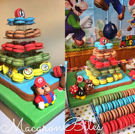 Super Mario Macarons, Mario Macarons, Mario Treats Ideas, Nintendo Birthday Party, Nintendo Birthday, Treats Business, Toddler Birthday Party Themes, Cake Macarons, Sweets Party