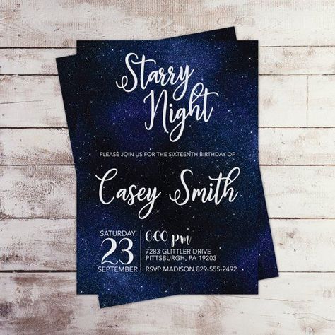 Starry Night Sweet 16, Starry Night Invitation, Starry Night Prom, Sweet Sixteen Birthday Invitations, Sweet 16 Themes, 16th Birthday Invitations, Sixteenth Birthday, Sweet Sixteen Birthday, Sweet 16 Parties