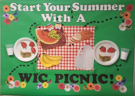 WIC Summer Picnic Bulletin Board Wic Bulletin Board Ideas, Breastfeeding Bulletin Board Ideas, Picnic Bulletin Boards, Wic Ideas, Nutrition Bulletin Boards, Kids Nutrition Education, Health Bulletin Boards, Food Bulletin Boards, Summer Bulletin Boards