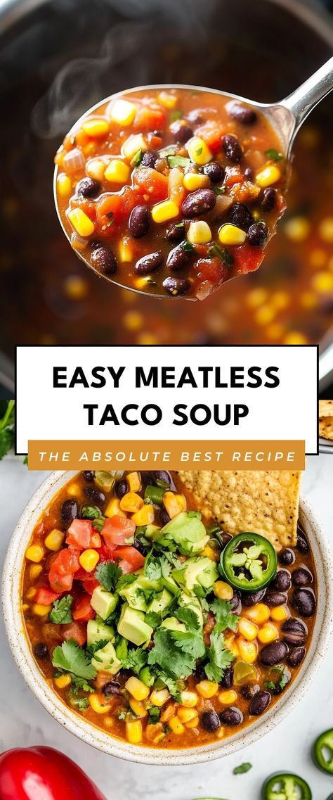 Image for Easy Meatless Taco Soup Meatless Soup Recipes Healthy, Hearty Vegan Soup Recipes, Simple Soup Recipes 5 Ingredients Vegetarian, No Meat Soups In A Crock Pot, Meatless Soup Recipes Crock Pot, Crock Pot Vegetarian Soup, Vegetarian Broth Soup, Quick Vegetarian Soup, Vegetable Soup Without Meat