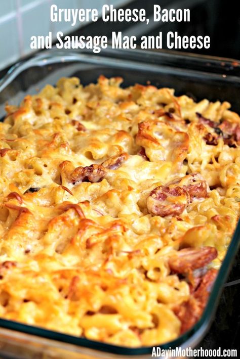 Gruyere Cheese Bacon and Sausage Mac and Cheese Recipe Sausage Mac And Cheese Recipe, Sausage Mac And Cheese, Apartment Cooking, Dinner Picnic, Bacon And Sausage, Dinner Gathering, Carnivore Recipes, Macaroni Cheese Recipes, Xmas Desserts