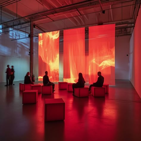 Image Fire Interior Design, Fire Set Design, Red Set Design, Immersive Experience Design, Fire Exhibition, Fabric Art Installation, Lava Aesthetic, Fire Installation, Creative Stage Design