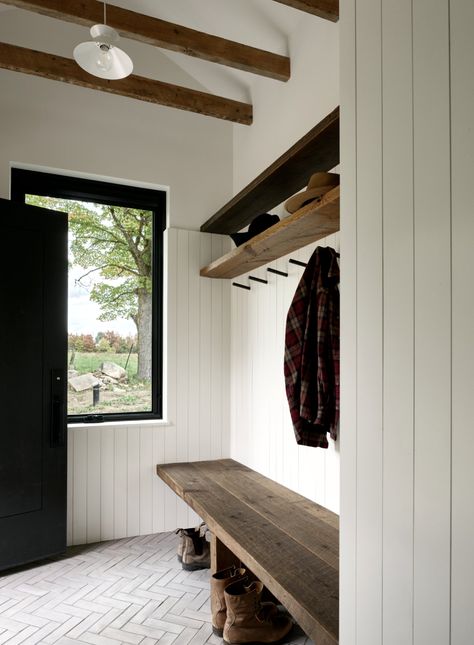 A Century Old Schoolhouse Turned Family Home | Lark & Linen Mudroom Inspiration, Small Mudroom, Small Mudroom Ideas, Warm Wood Flooring, Boot Room, Laundry Mud Room, Traditional Modern, Stone House, How To Decorate